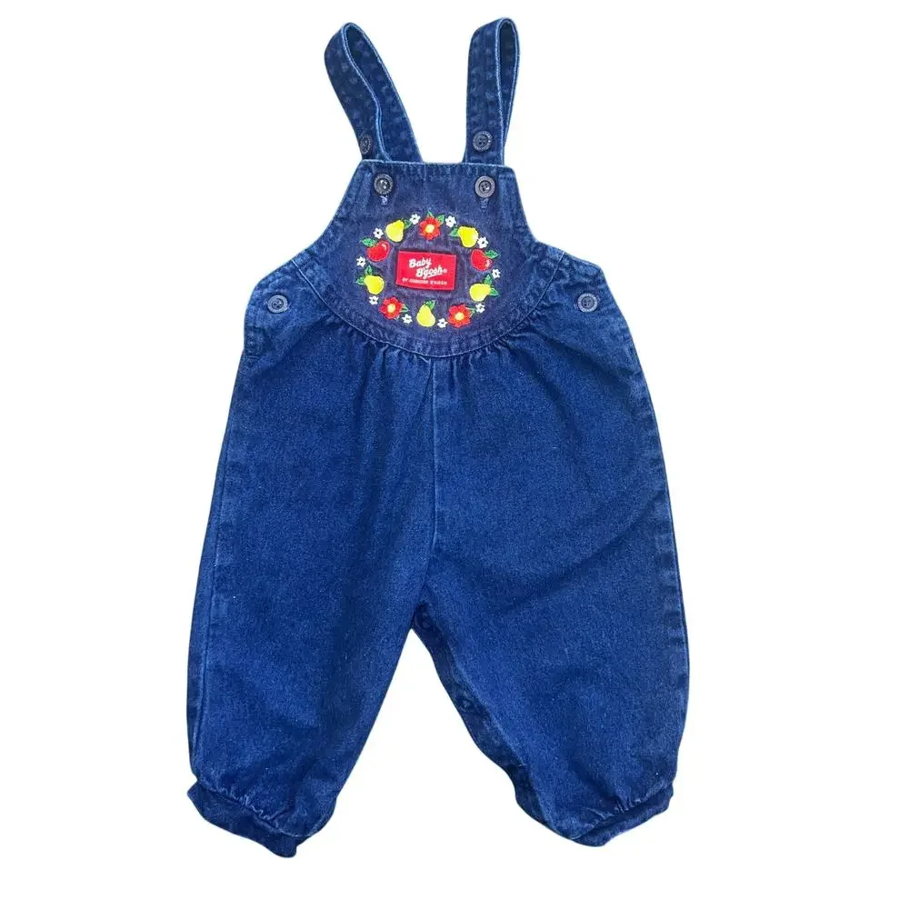 Vintage OshKosh B'Gosh baby denim balloon overalls floral fruit embroidered 12 m